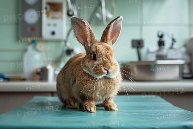 Bunny sitting on table at vet. KI generiert, generiert, AI generated