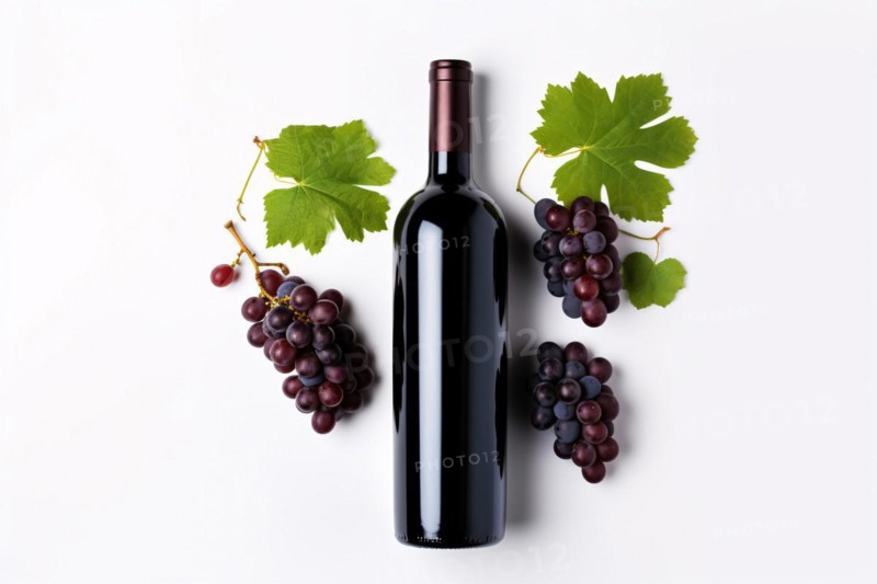 Bottle of red wine with grapes on white background. KI generiert, generiert, AI generated
