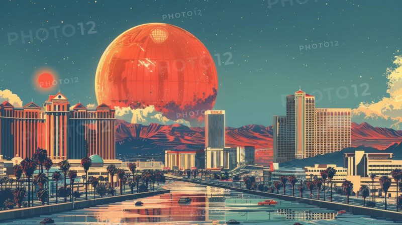 A cityscape with futuristic elements and a large planet in the pastel-colored sky, ai generated, AI generated