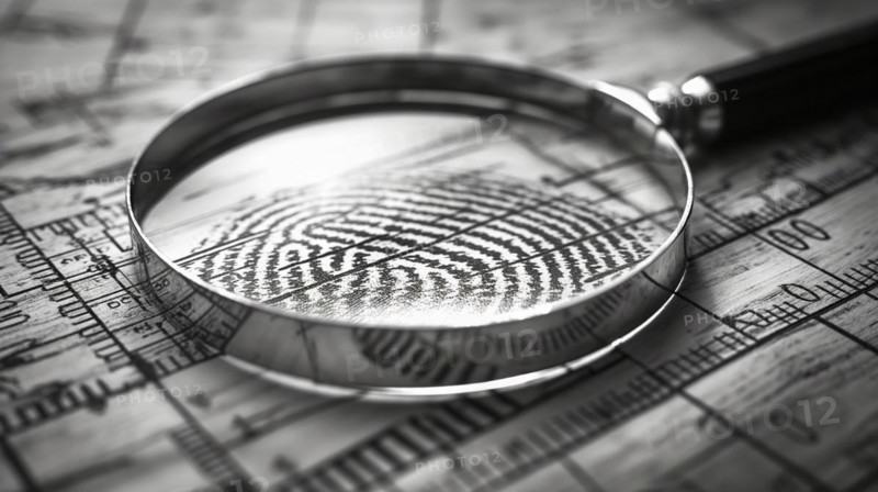 Magnifying glass resting on a fingerprint on paper. generative AI, AI generated