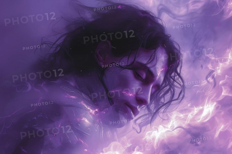 Digital artwork of an ethereal man surrounded by dreamlike purple smoke, AI Generated, AI generated