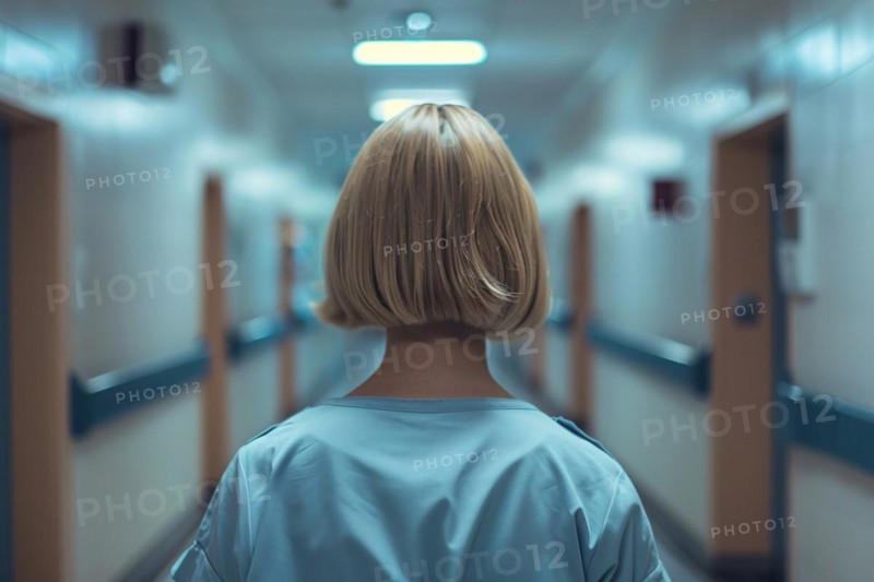 Back view of nurse walking through hospital corridor. KI generiert, generiert, AI generated