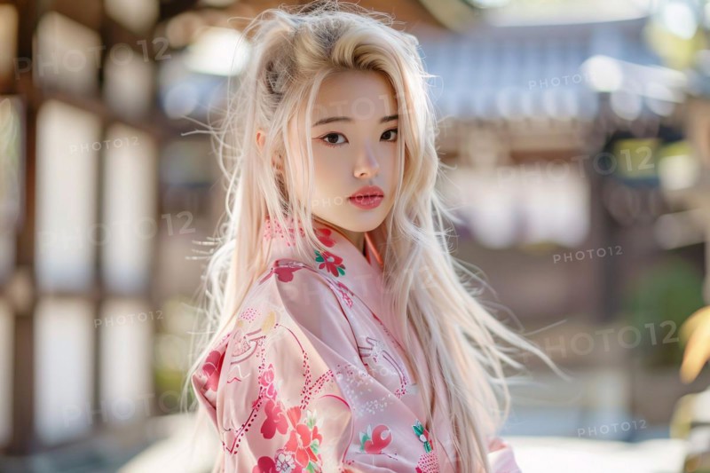 Beautiful young woman with pink kimono. KI generiert, generiert, AI generated