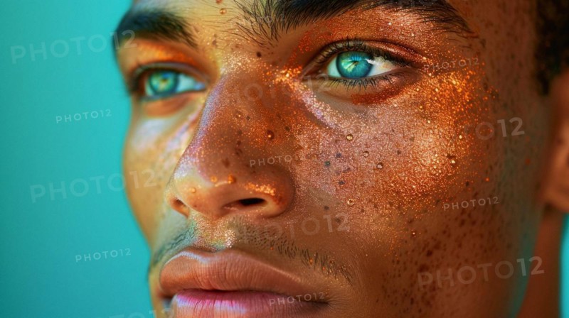 Man with golden freckles and piercing eyes, with snake scale texture on skin, blurry teal turquoise solid background, beauty studio lighs, fashion artsy make up, high concept potraiture, AI generated