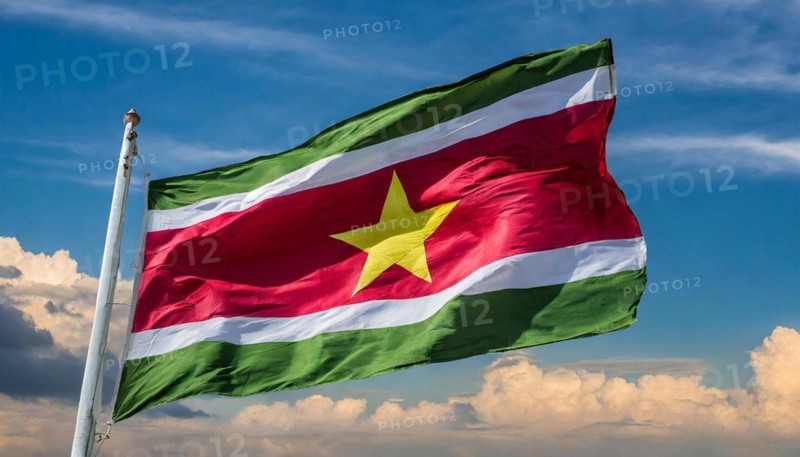 The flag of Suriname, fluttering in the wind, isolated, against the blue sky