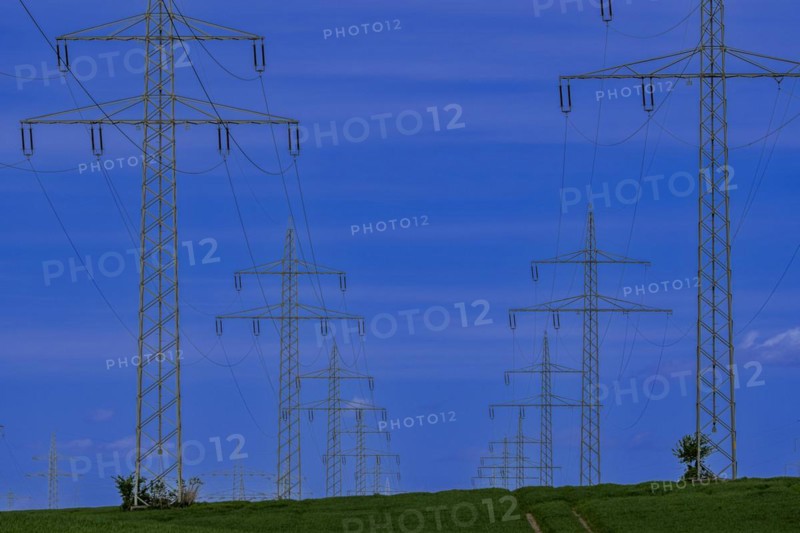 Power pylons with high-voltage lines at the Avacon substation in Helmstedt, Helmstedt, Lower Saxony, Germany, Europe