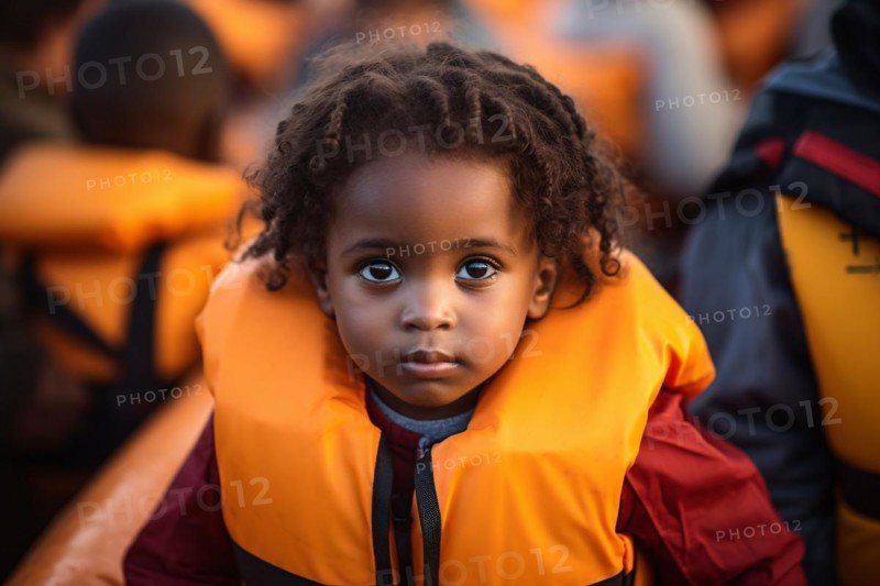 Young black refugee child with orange swimming fest crossing ocean in boat. KI generiert, generiert, AI generated