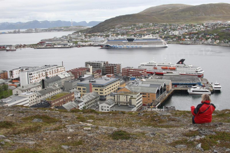 View of Hammerfest with cruise ship Aida in the harbour, Northern Norway, Scandinavia