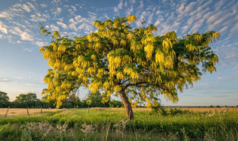 Laburnum tree in a countryside landscape AI generated