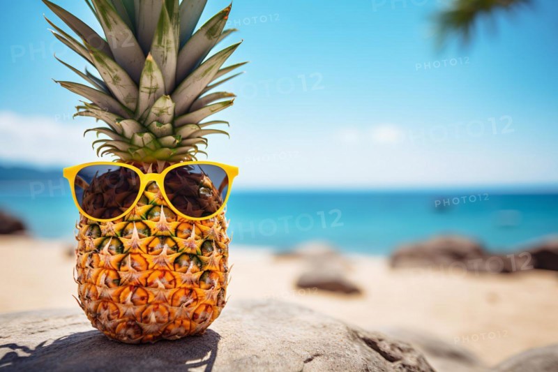 Funny pineapple fruit with sunglasses on tropical beach in summer. KI generiert, generiert, AI generated