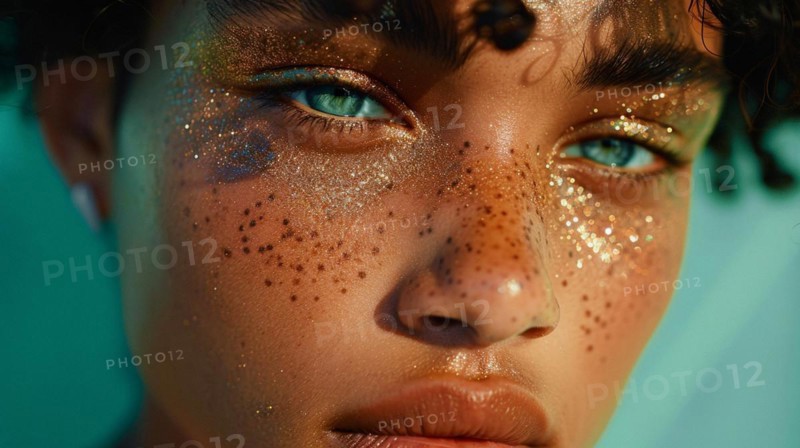 Close-up portrait of non binary person with sparkling glitter on skin and striking blue eyes against a teal backdrop, skin with frekles, blurry teal turquoise solid background, beauty product studio lightning, fashion artsy make up, high concept potraiture, AI generated
