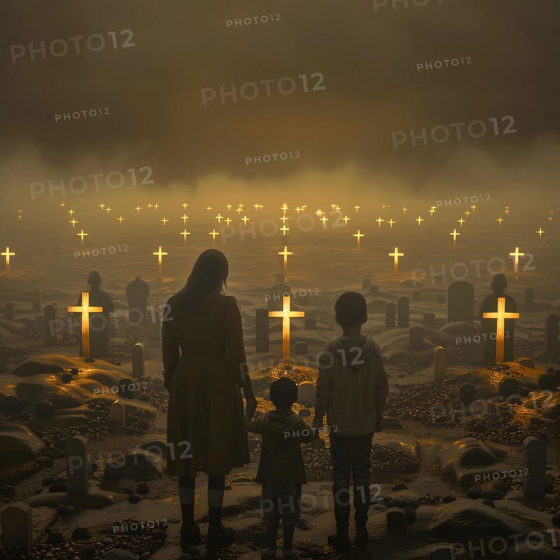 Two children and an adult figure looking at a cemetery in dim light, war, war graves, military cemetery, AI generated