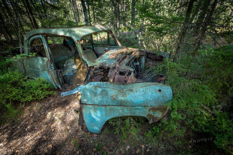 Ancient scrap car, Kyrkoe Mosse car graveyard, Ryd, Tingsryd, Kronobergs laen, Sweden, Europe