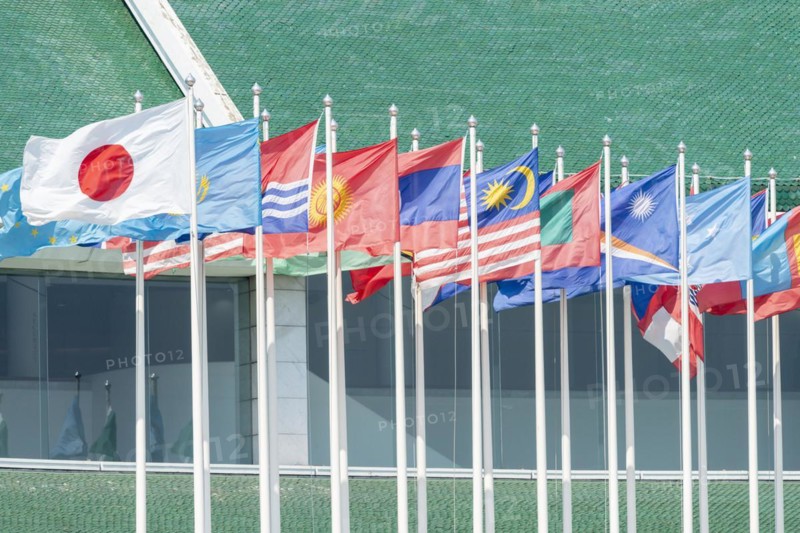 Many flags in front of the United Nations Conference Centre, Bangkok, Thailand, Asia
