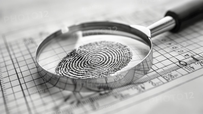 Magnifying glass resting on a fingerprint on paper. generative AI, AI generated