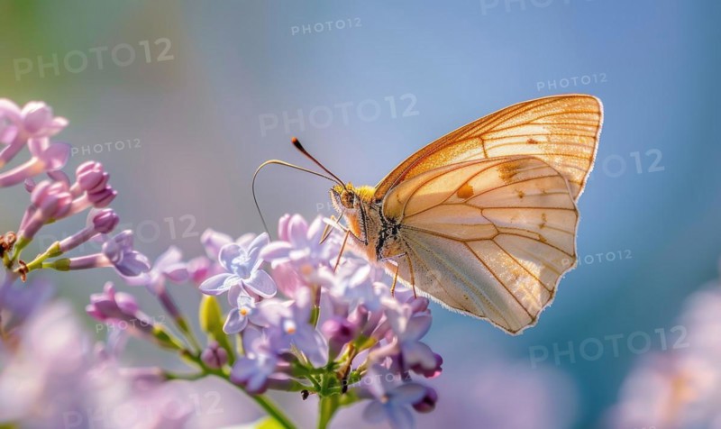 Close-up of a butterfly resting on lilac blossoms AI generated