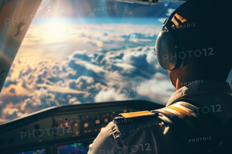 Back view of pilot in airplane cockpit. KI generiert, generiert, AI generated