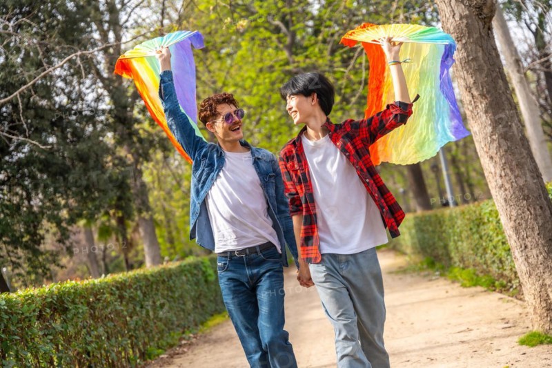 Happy multi-ethnic young gay couple raising LGBT rainbow colored fans in a park