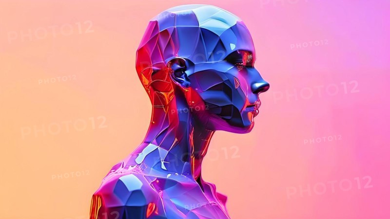 AI generated human portrait transitioning from lifelike human to a pixelated digital effect