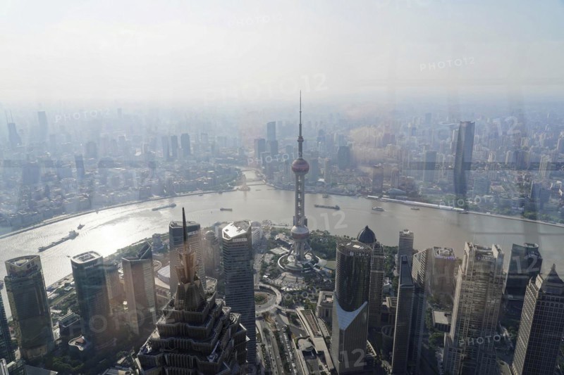 View from the 632 metre high Shanghai Tower, nicknamed The Twist, Shanghai, People's Republic of China, panoramic view of urban skyscrapers and a river from the viewpoint, Shanghai, China, Asia