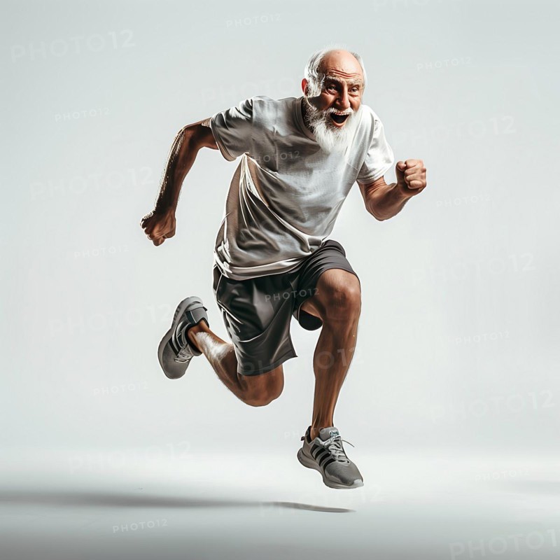 An old man in a grey sports outfit full of power in running action on a white background, start running, start, advertising, special offer, AI generated
