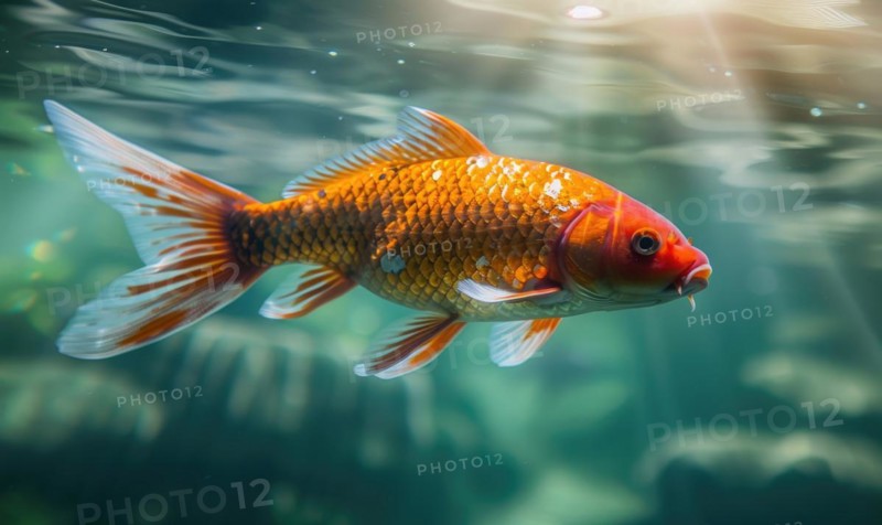 Close-up of a koi fish gliding through the clear waters of a pond AI generated