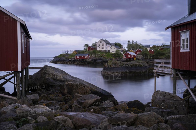 Typical red wooden houses on wooden stilts (rorbuer) in Nusfjord, white houses in the background. Rocks and sea. At night at the time of the midnight sun, cloudy sky. Early summer. Long exposure. Nusfjord, Flakstadoya, Lofoten, Norway, Europe