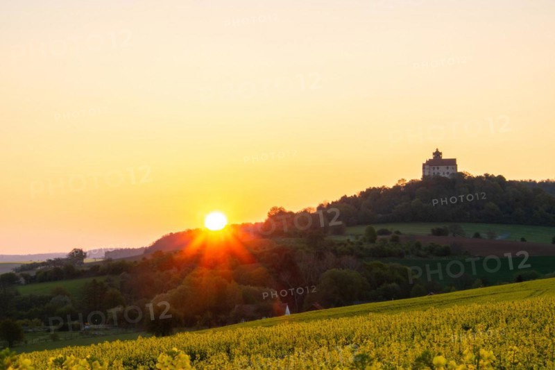 Landscape at sunrise. Beautiful morning landscape with fresh yellow rape fields in spring. Small castle in the yellow fields on a hill. Historic Ronneburg Castle in the middle of nature, Ronneburg, Hesse, Germany, Europe