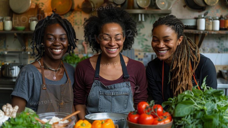 Smiling women friends preparing a meal with fresh vegetables in a cozy kitchen, AI generated