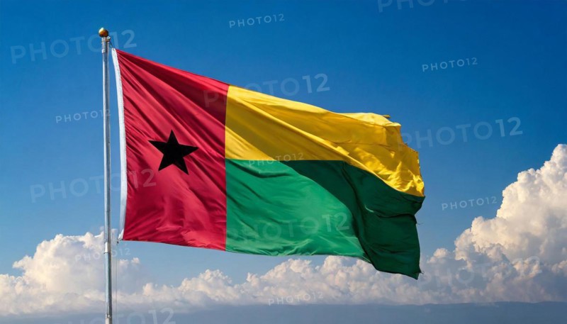 The flag of Guinea-Bissau, fluttering in the wind, isolated, against the blue sky