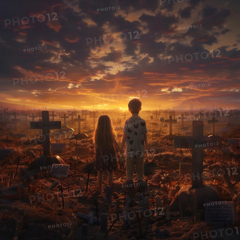 Children from behind watching the sunrise on a silent cemetery, war, war graves, military cemetery, AI generated