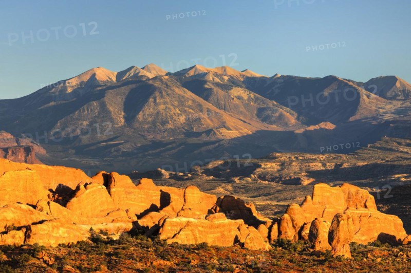 View over the Sand Arches to the La Sal Mountains, Arches National Park, Utah, USA, Arches National Park, Utah, USA, North America