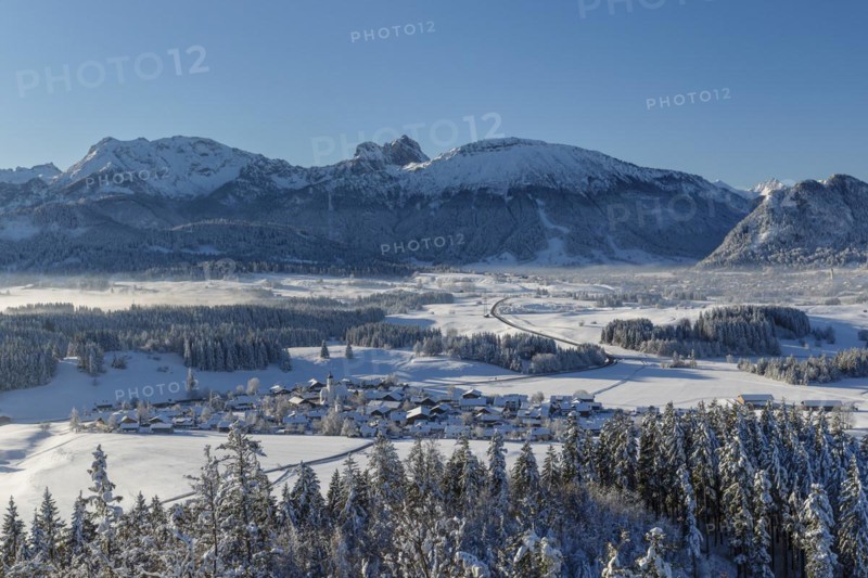 View from the Eisenberg castle ruins over Zell to the Tannheim mountains, Allgaeu, Swabia, Bavaria, Germany, Pfronten, Bavaria, Germany, Europe
