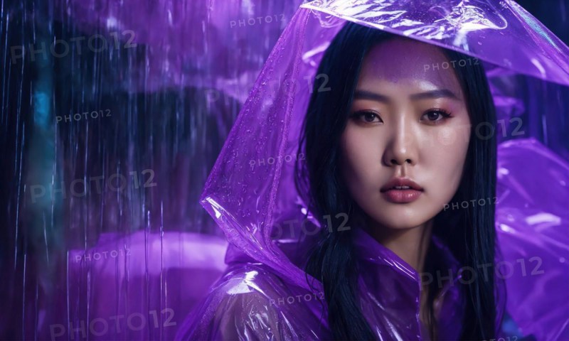 Beautiful asian woman in purple raincoat walking in the city. ai generative, AI generated