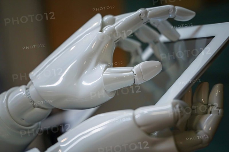 Whire robitic artificial intelligence hand on digital computer tablet. KI generiert, generiert, AI generated