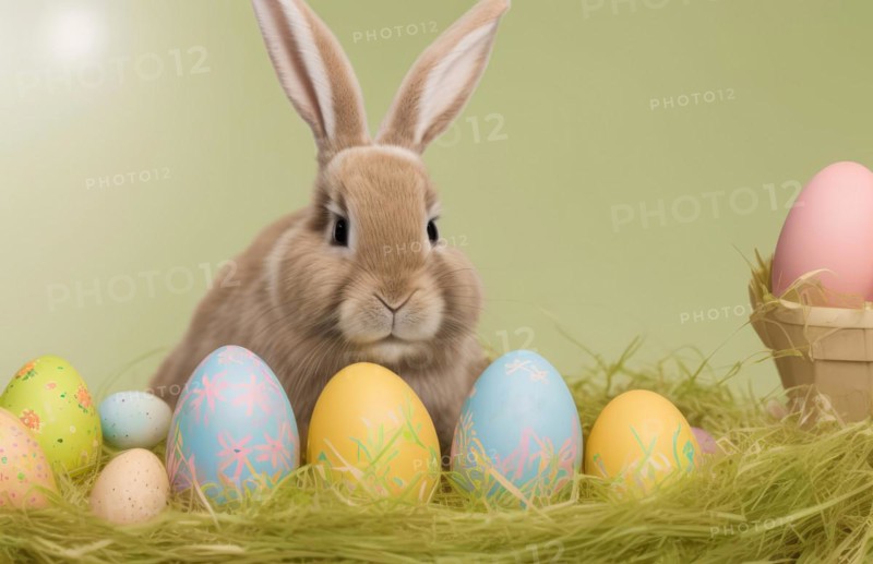Easter bunny with decorated eggs. Generative AI image, AI generated