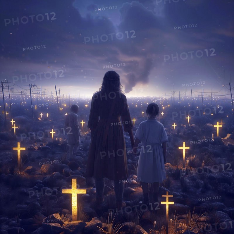 A woman and a girl look at a nocturnal, luminous cemetery, war, war graves, military cemetery, AI generated