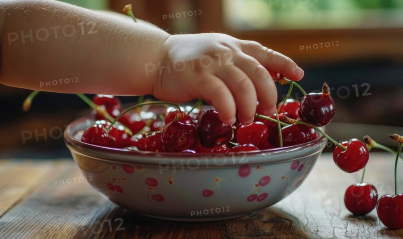 Close-up of a child's hand reaching for a ripe cherry from a bowl AI generated