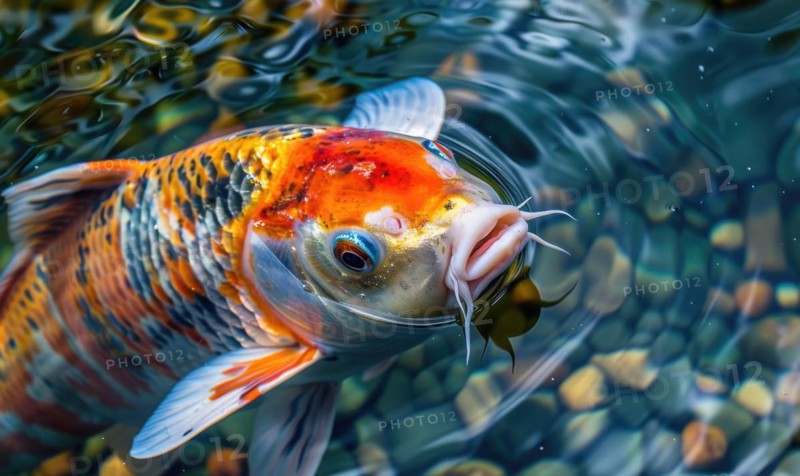 Close-up of colorful koi fish swimming in the clear waters of a spring lake AI generated