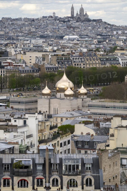 View from the Eiffel Tower to the Russian Orthodox Cathedral and Sacre-Coeur de Montmartre, Paris, Ile-de-France, France, Europe
