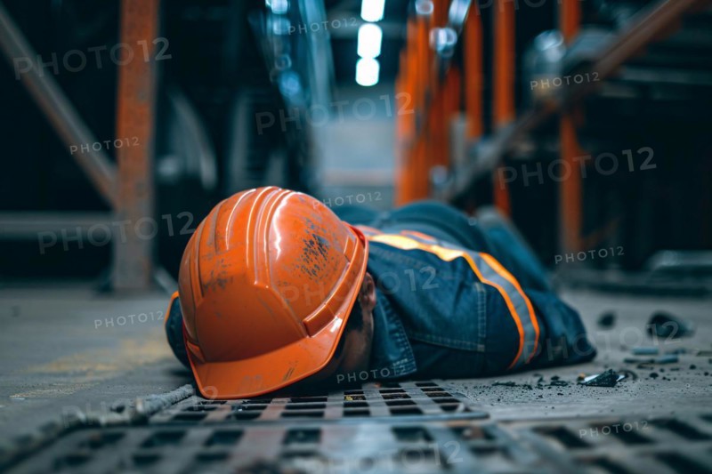 Worker with safety helmet lying on warehouse floor after accident. KI generiert, generiert, AI generated