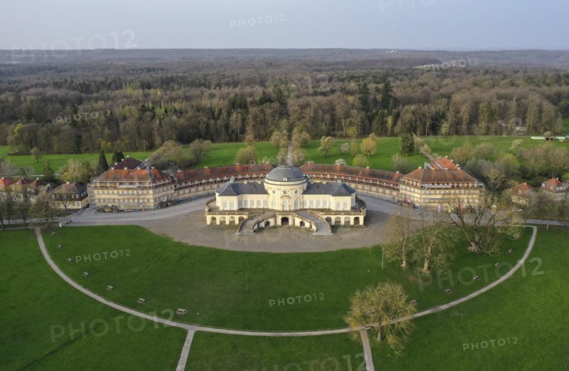 Aerial view of the rococo-style hunting and pleasure palace Schloss Solitude, built by Duke Carl Eugen von Wuerttemberg, Stuttgart, Baden-Wuerttemberg, Germany, Europe
