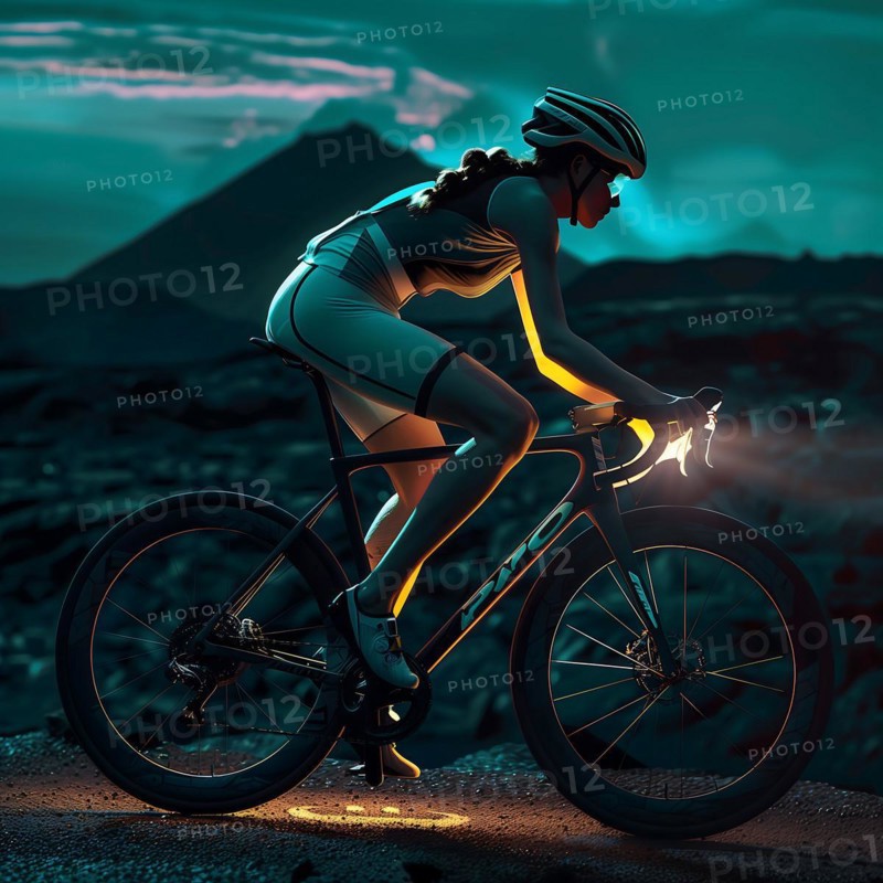 A cyclist rides a road bike at night near a town with a mountain view, AI generated