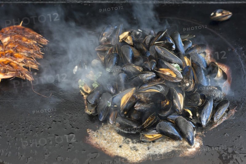 Mytilus (Mytilus edulis) are prepared on a gas barbecue on a plancha, left: prawns on a skewer, Vandee, France, Europe