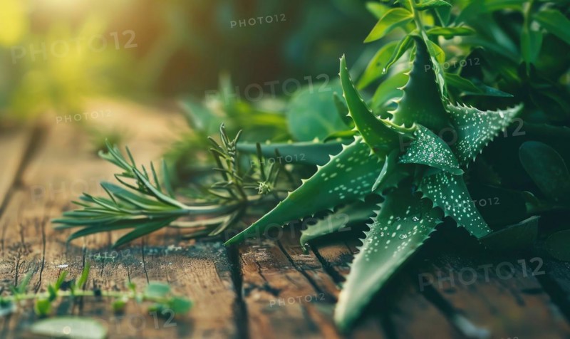 Close-up of aloe vera leaves and fresh herbs arranged on a wooden table AI generated