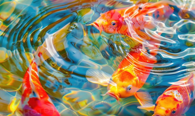 Close-up of colorful koi fish swimming in the clear waters of a spring lake AI generated