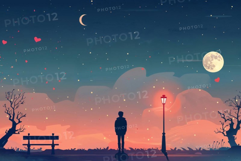 A person stands alone at night under a street lamp, surrounded by moonlight and hearts, lunar cycle or time span indicated by two moons, AI generated, AI generated