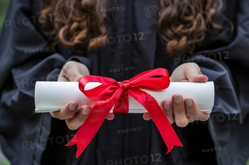 Degree paper certificate roll with red ribbon held by young woman in graduation robe. KI generiert, generiert, AI generated