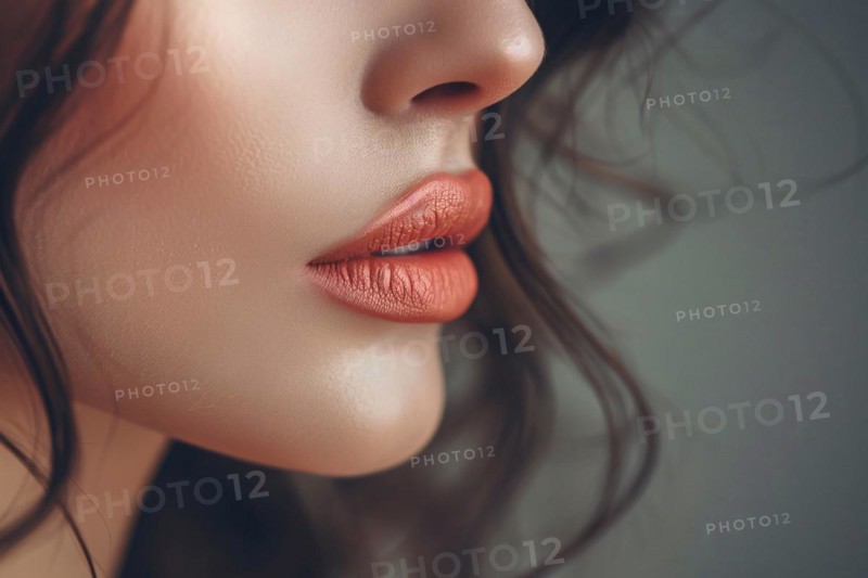 Close up of woman's large lips with pink lipstick. KI generiert, generiert, AI generated