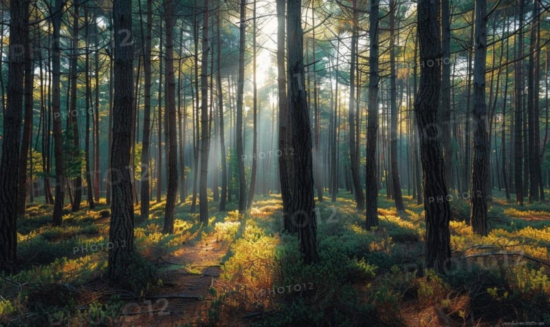 A tranquil pine forest, with sunlight filtering through the dense canopy AI generated